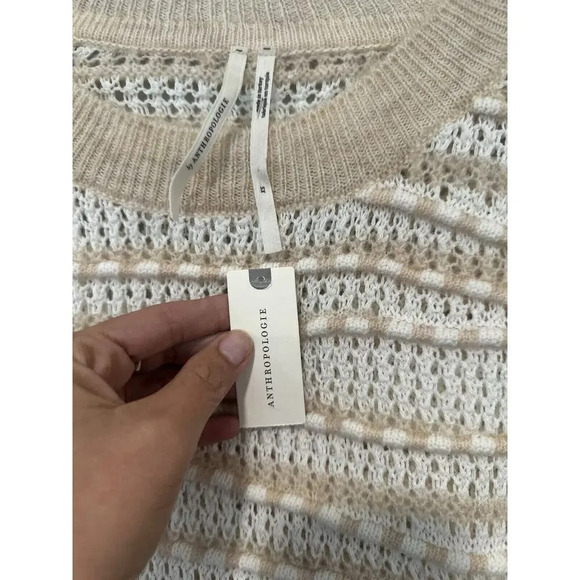 Womens Fall Sweater Anthropologie Pullover Open-Stitch Ivory Neutral XS New 1399 - Picture 6 of 10